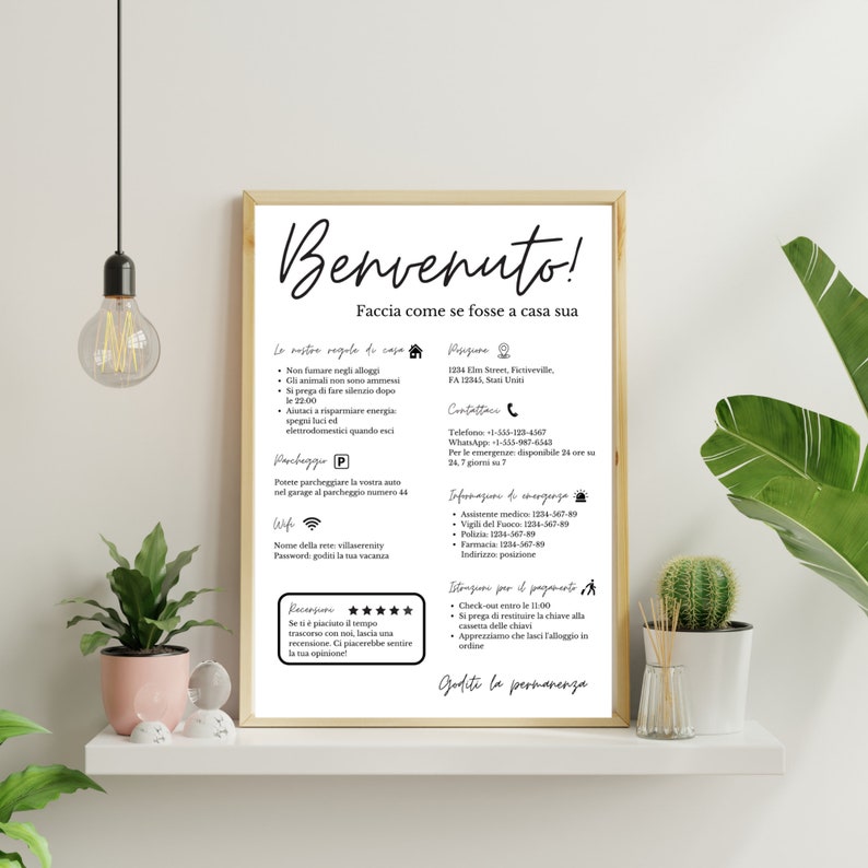 AirBnB Welcome Sign Template English and Italian. In A4 and US Letter Size. Fully editable in Canva