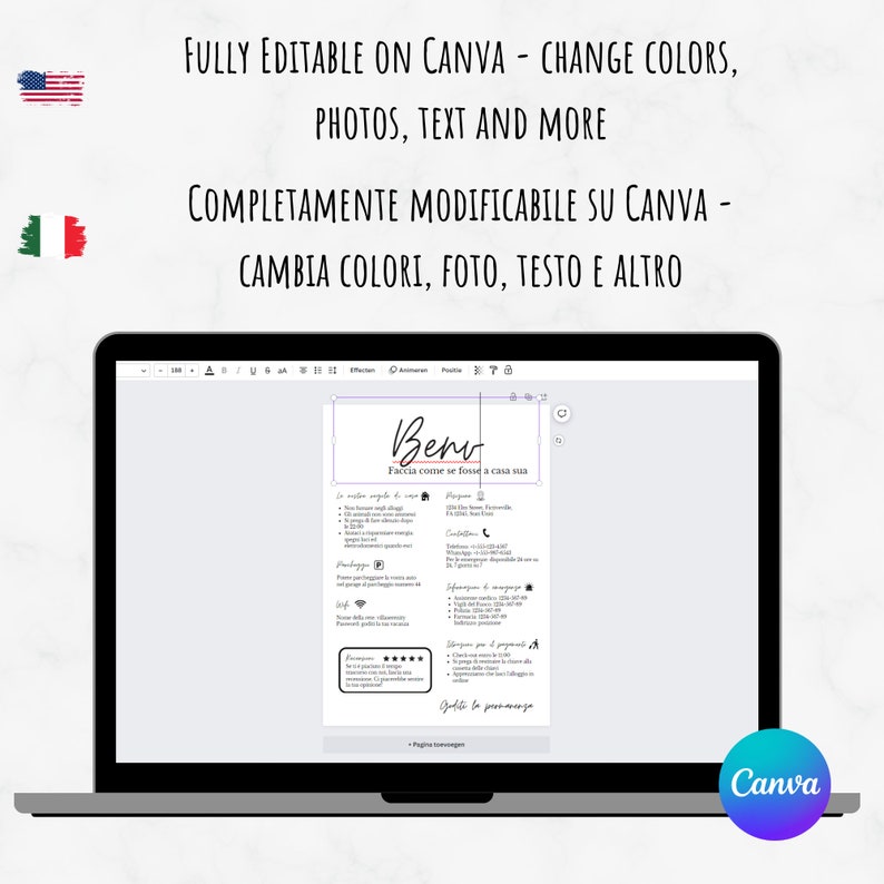 AirBnB Welcome Sign Template English and Italian. In A4 and US Letter Size. Fully editable in Canva