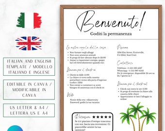 Cartello di benvenuto italiano per case vacanze/regole della casa al mare modificabili/poster di arrivo degli ospiti per host Airbnb e VRBO