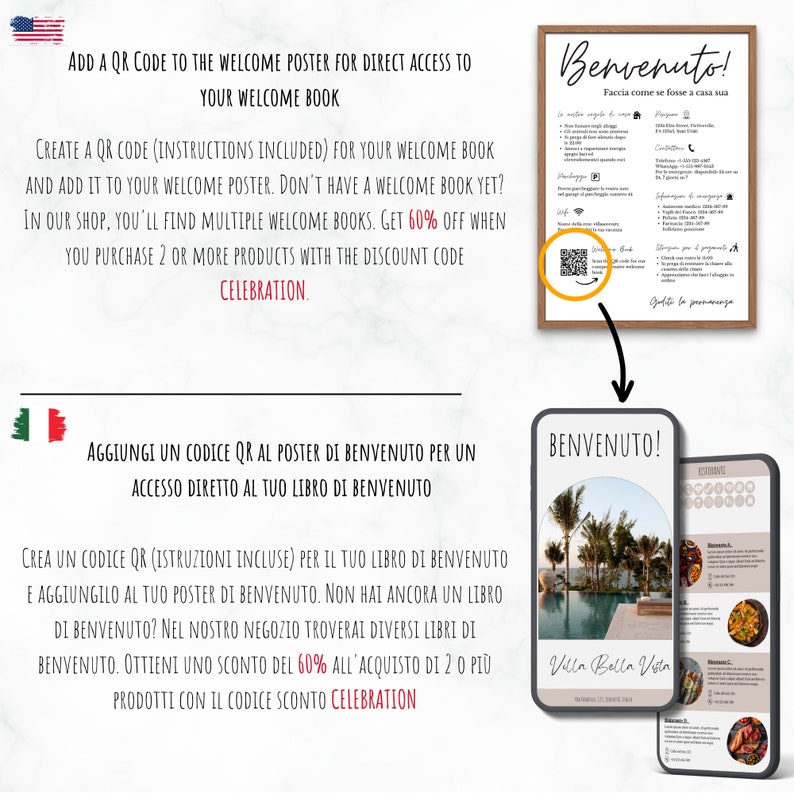 AirBnB Welcome Sign Template English and Italian. In A4 and US Letter Size. Fully editable in Canva
