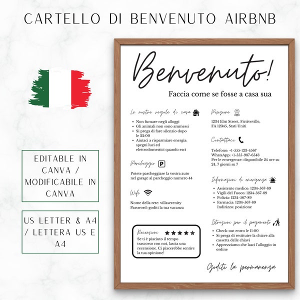 Cartello di benvenuto italiano per host Airbnb e VRBO, casa vacanze stampabile, poster di arrivo degli ospiti, cose da sapere, regole della casa sulla spiaggia, WiFi