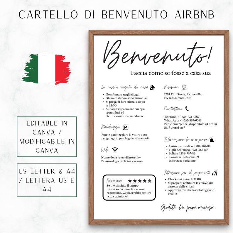 Italian AirBnB Welcome Sign. Available in A4 and US Letter.Fully editable in canva