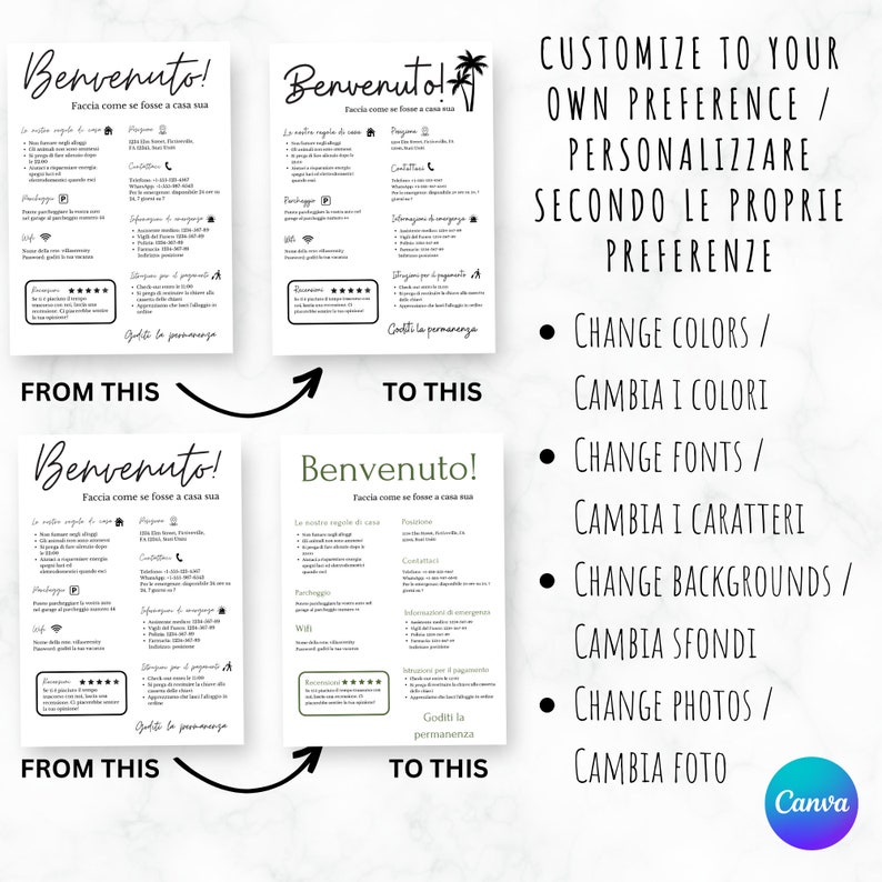 Italian AirBnB Welcome Sign. Available in A4 and US Letter.Fully editable in canva