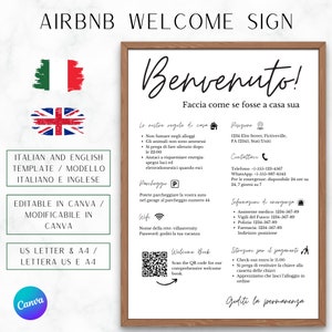 Cartello di benvenuto in italiano e inglese per host AirBnB e VRBO, case vacanze, politiche sulle regole, regole della casa, Wi-Fi, modello Canva, check-out