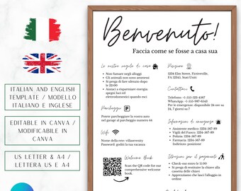 Cartello di benvenuto in italiano e inglese per host AirBnB e VRBO, case vacanze, politiche sulle regole, regole della casa, Wi-Fi, modello Canva, check-out