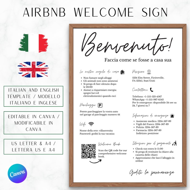 AirBnB Welcome Sign Template English and Italian. In A4 and US Letter Size. Fully editable in Canva