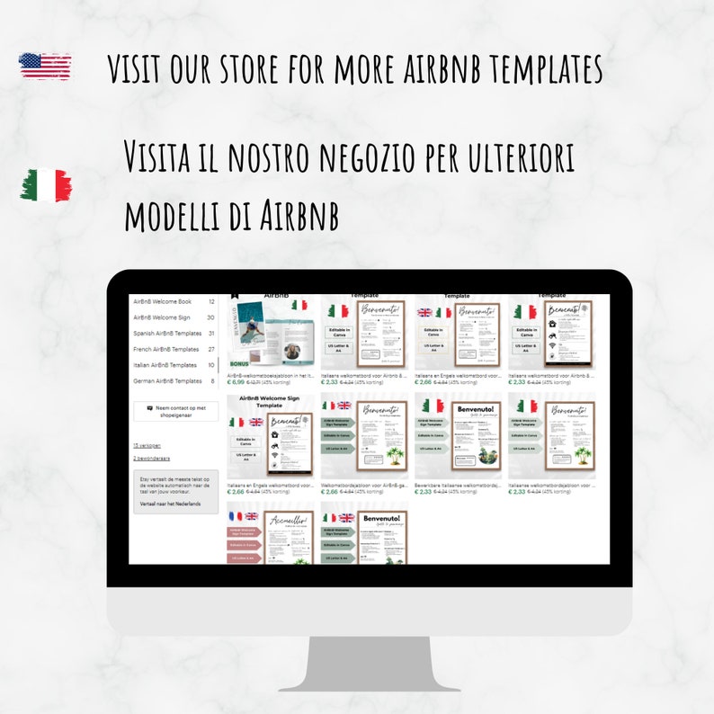 AirBnB Welcome Sign Template English and Italian. In A4 and US Letter Size. Fully editable in Canva