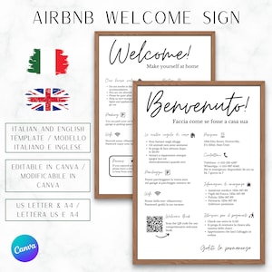 Włoski i angielski znak powitalny dla gospodarzy AirBnB i VRBO, wynajem wakacyjny, zasady, zasady domu, Wi-Fi, szablon Canva, wymeldowanie