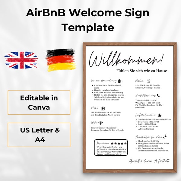 Modèle de panneau de bienvenue Airbnb, location de vacances, politiques de règles Airbnb, panneaux VRBO, règles de la maison, Wifi, instructions de départ, allemand, anglais