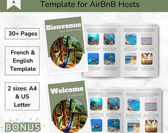 Modello modificabile di libro di benvenuto AirBnB francese e inglese, cartelli VRBO, libro degli ospiti personalizzato, guida di benvenuto Canva, verde, manuale della casa, regole della casa