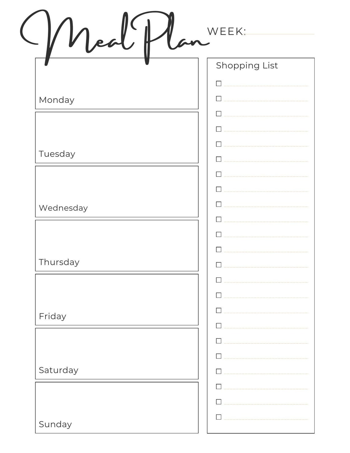 Printable Weekly Meal Planner With Grocery List Hand Lettered Black and