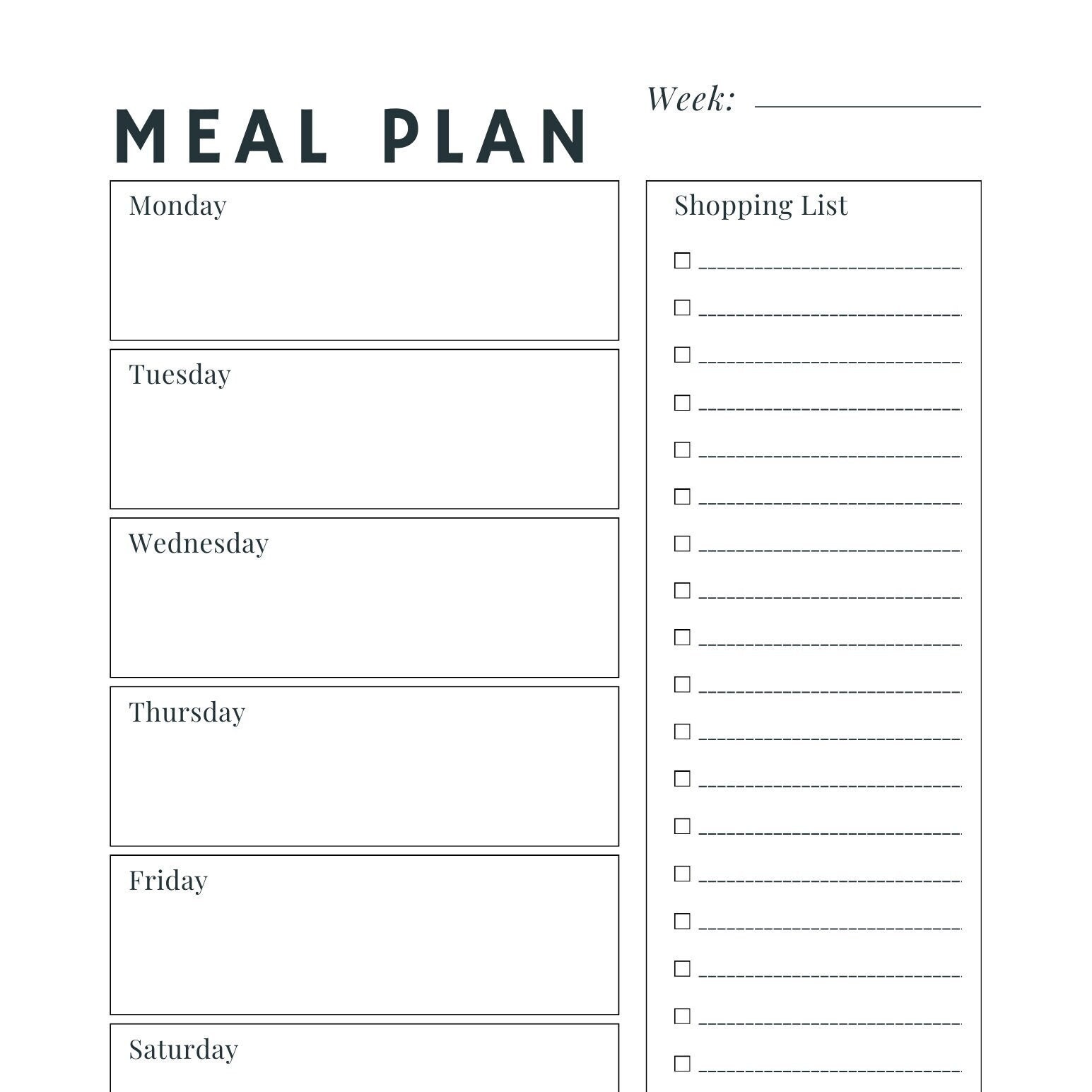 Printable Weekly Meal Planner With Grocery List Simple Black and White ...