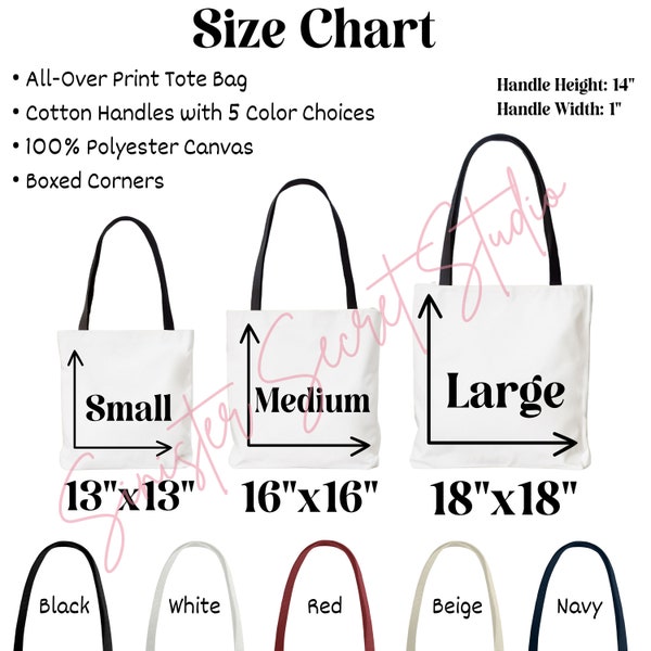AOP Tote Bag Size Chart, Tote Bag Mockup, Aop Tote Bag Mockup, Tote Bag Size Chart, Handle Colors Chart, All Over Print Tote Bag Size Chart