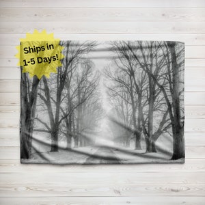 Snow Covered Tree Lined Road Blanket, Velveteen Plush Blanket, Sherpa Fleece Blanket, Kids Blanket Gift, Winter Blanket, Snow Scene Blanket