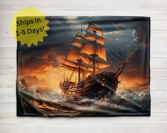 Old Sailing Ship Stormy Sea Blanket, Velveteen Plush Blanket, Sherpa Fleece Blanket, Pirate Ship Throw Blanket, Kids Blanket, Baby Blanket