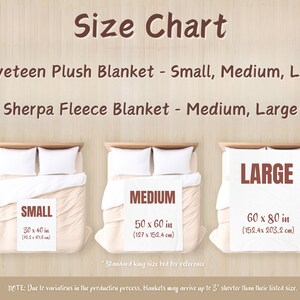 May include: Size chart for a Velveteen Plush Blanket and a Sherpa Fleece Blanket. The chart shows three sizes: Small (30 x 40 inches), Medium (50 x 60 inches), and Large (60 x 80 inches). The chart also includes the measurements in centimetres.