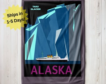 Vintage Travel Alaska Poster Blanket, Velveteen Blanket, Sherpa Fleece Blanket, Alaska Glacier Blanket, Alaska Souvenir, Travel Blanket Gift
