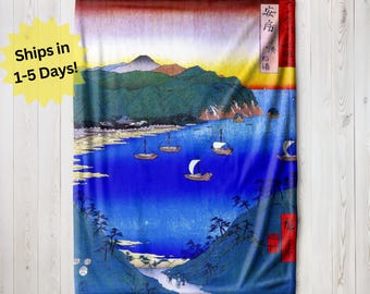 Vintage Japanese Print Blanket, Velveteen Blanket Gift, Sherpa Fleece Blanket, Japan Souvenir, Vintage Japanese Painting Blanket