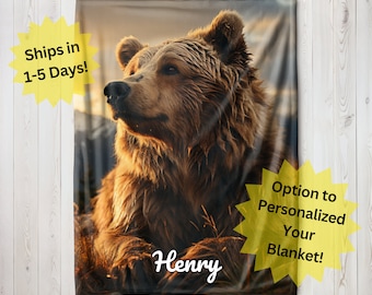 Personalized Grizzly Bear Blanket, Velveteen Plush Blanket, Sherpa Fleece Blanket, Childrens Blanket Gift, Baby Blanket Gift
