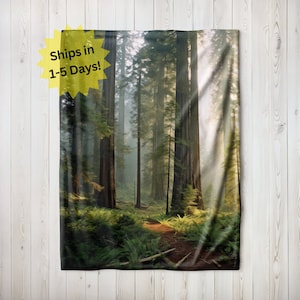 May include: A tapestry featuring a photograph of a lush forest with tall trees and a path leading through the center. The trees are green and brown, and the path is covered in leaves and dirt. The forest is bathed in a soft, golden light.