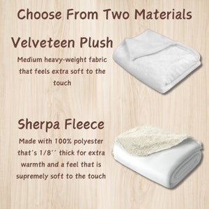 May include: Two white blankets, one made of velveteen plush and the other made of sherpa fleece. The velveteen plush blanket is described as medium heavy-weight fabric that feels extra soft to the touch. The sherpa fleece blanket is described as made with 100% polyester that's 3 mm thick for extra warmth and a feel that is supremely soft to the touch.