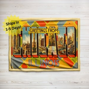 couverture en peluche de carte postale vintage Chicago Greetings, couverture en velours, couverture en polaire Sherpa, cadeau pour les autochtones de Chicago, couverture imprimée vintage