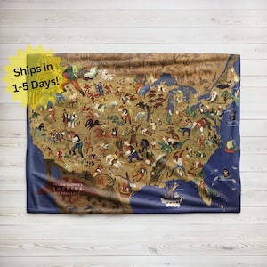Manta de folclore americano, manta de felpa de pana, manta de vellón sherpa, manta de William Groppers America, manta de pintura de mapas vintage de EE. UU.
