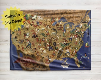 Couverture folklorique américaine, couverture en peluche Velveteen, couverture polaire Sherpa, couverture William Groppers America, couverture de peinture de carte américaine vintage