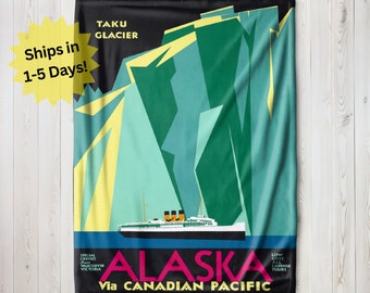 Vintage Alaska Travel Poster Blanket, Velveteen Blanket, Sherpa Fleece Blanket, Alaska Glacier Blanket, Alaska Souvenir, Travel Blanket Gift