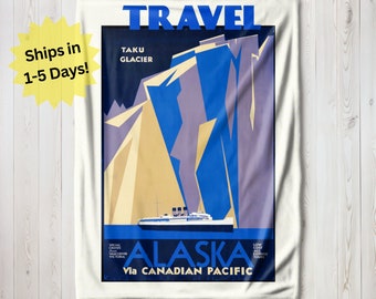 Vintage Travel Alaska Poster Blanket, Velveteen Blanket, Sherpa Fleece Blanket, Alaska Glacier Blanket, Alaska Souvenir, Travel Blanket Gift