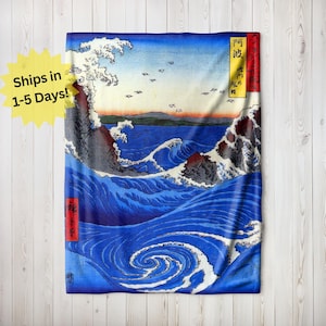 Vintage Japanese Wave Poster Blanket, Velveteen Blanket Gift, Sherpa Fleece Blanket, Japan Souvenir, Vintage Japanese Painting Blanket