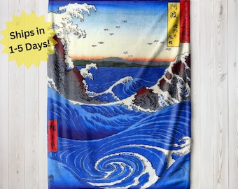 Vintage Japanese Wave Poster Blanket, Velveteen Blanket Gift, Sherpa Fleece Blanket, Japan Souvenir, Vintage Japanese Painting Blanket
