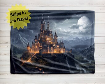 Castle Full Moon Blanket, Velveteen Plush Blanket, Sherpa Fleece Blanket, Medieval Castle Throw, Childrens Blanket Gift, Baby Blanket