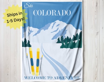 Colorado Travel Poster Blanket, Ski Colorado Throw Blanket, Velveteen Blanket, Sherpa Fleece Blanket, Colorado Souvenir, Childrens Blanket