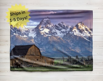 Jackson Hole Wyoming Grand Tetons Blanket, Velveteen Blanket, Sherpa Fleece Blanket, Kids Blanket Gift, Baby Blanket, Scenic Print Blanket