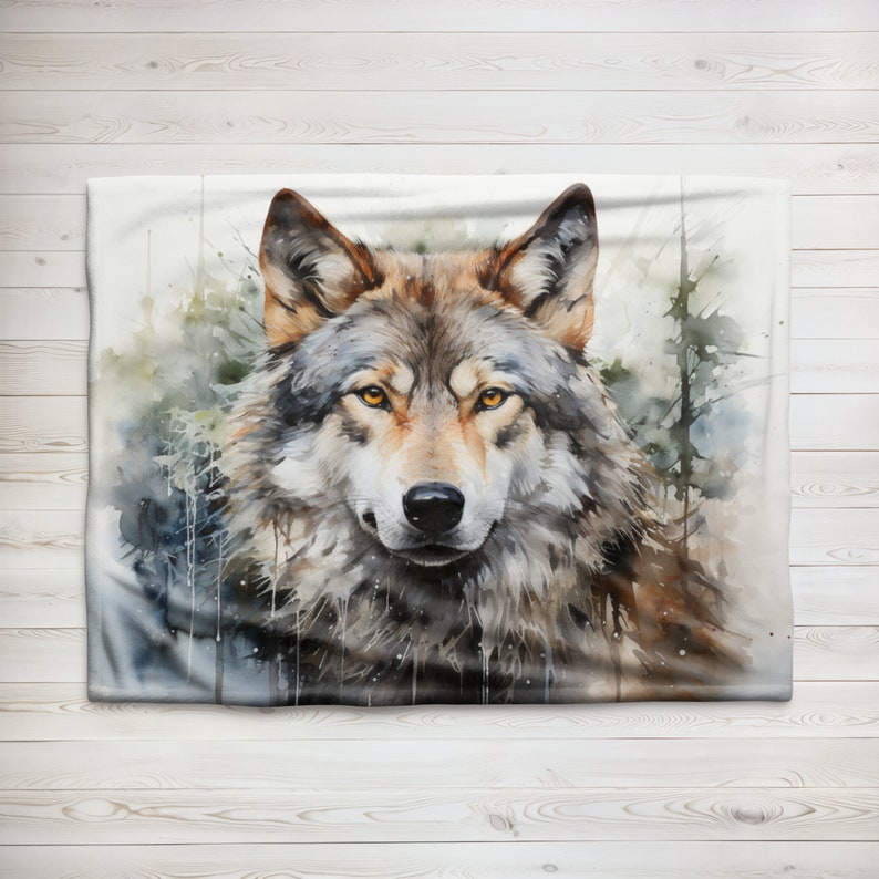 May include: A watercolor painting of a wolf's face. The wolf has a light brown and gray coat with yellow eyes. The background is a blurry watercolor of a forest.