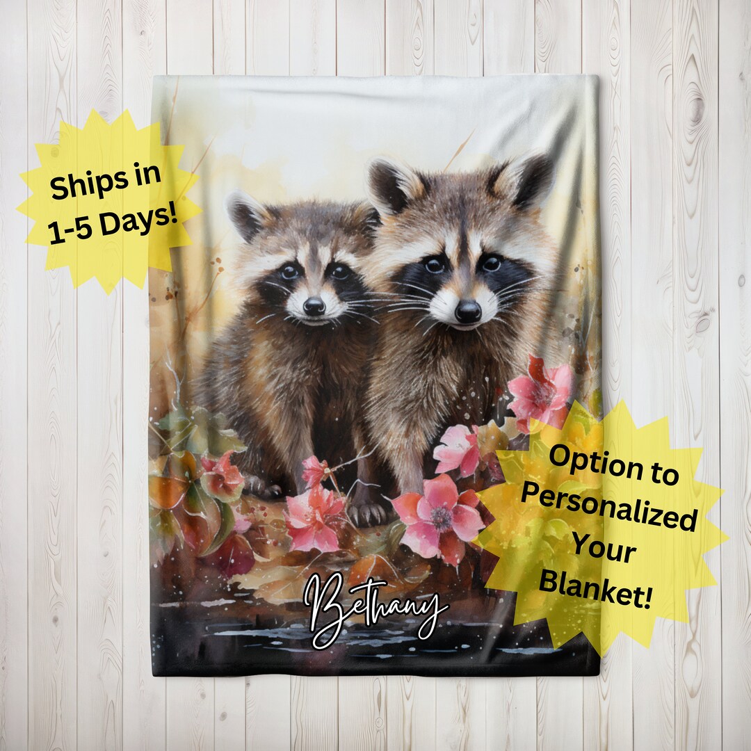 Personalized Raccoons Watercolor Blanket, Velveteen Plush Blanket, Mama and Baby Raccoon Throw