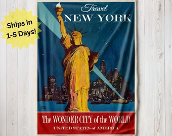 New York Travel Poster Blanket, Velveteen Blanket, Sherpa Fleece Blanket, New York City Blanket, New York Souvenir, NY City Blanket