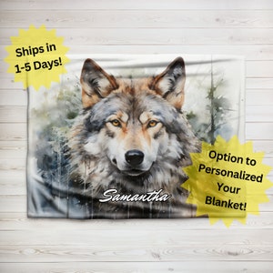May include: A watercolor painting of a wolf's head with a forest background. The wolf has brown and gray fur with yellow eyes. The name "Samantha" is written in white text below the wolf's head.