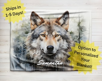 Personalized Wolf Watercolor Blanket, Velveteen Plush Blanket, Sherpa Fleece Blanket, Wildlife Blanket Gift, Childrens Blanket, Baby Blanket
