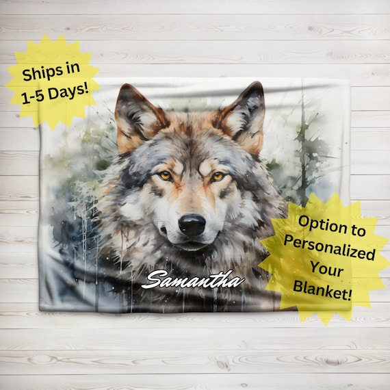 Personalized Wolf Watercolor Blanket, Velveteen Plush Blanket, Sherpa Fleece Blanket, Wildlife Blanket Gift, Childrens Blanket, Baby Blanket