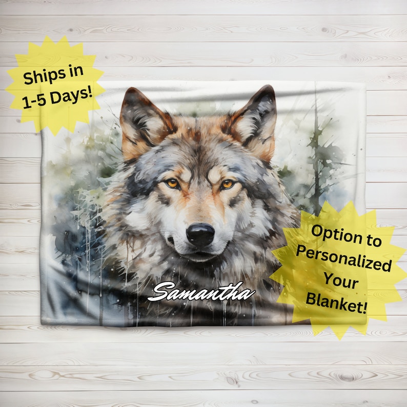 May include: A watercolor painting of a wolf's head with a forest background. The wolf has brown and gray fur with yellow eyes. The name "Samantha" is written in white text below the wolf's head.