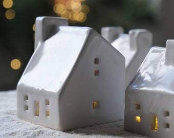 Little White Houses, Tiny Cottage, LED Light Holder, Ceramic House Christmas Decor, Little Houses Ornaments, Tiny House, Ceramic Cottages