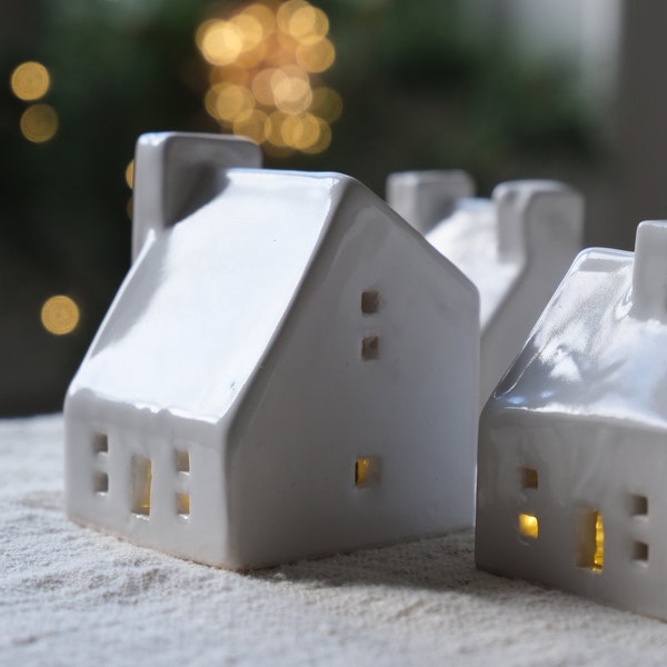 Little White Houses, Tiny Cottage, LED Light Holder, Ceramic House Christmas Decor, Little Houses Ornaments, Tiny House, Ceramic Cottages