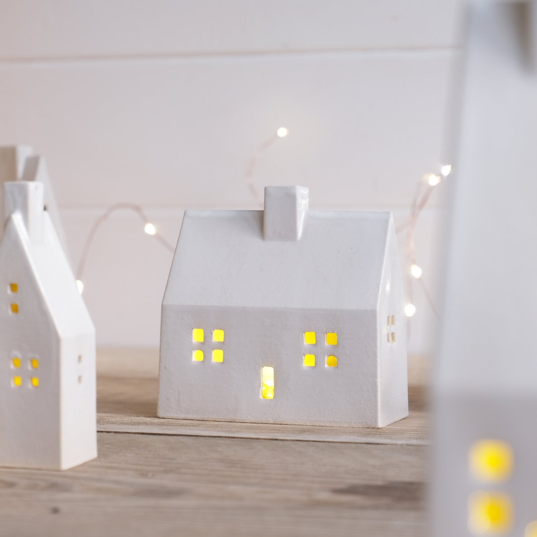Ceramic Farmhouse Tealight House, LED Light Holder, Little Ceramic