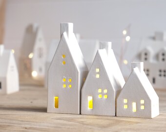 Ceramic Village Pottery Houses Ornaments, Set of Houses, Ceramic LED House, Set of 5