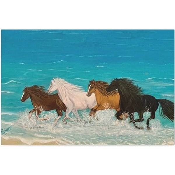 Horses running on the beach, landscape art, galloping horses, coastal print, canvas print, giclee print, animal print, turquoise ocean