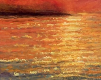 May include: An oil painting depicts a sunset over the ocean. The sky is a vibrant mix of orange and red hues, with a bright sun. The water reflects the warm colors, transitioning to darker blues at the bottom. The artwork is signed in the bottom right corner.