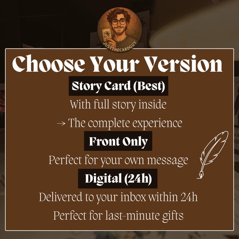 May include: A brown graphic with the text "Choose Your Version" and options for "Story Card," "Front Only," and "Digital (24h)." A cartoon image of a man with glasses and a card is in the upper left corner. A white feather illustration is on the right.