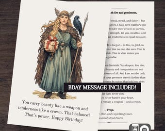Tarjeta de cumpleaños de Freya – Diosa nórdica – Saludo digital – Con texto – Tarjeta de mitología imprimible PNG + PDF